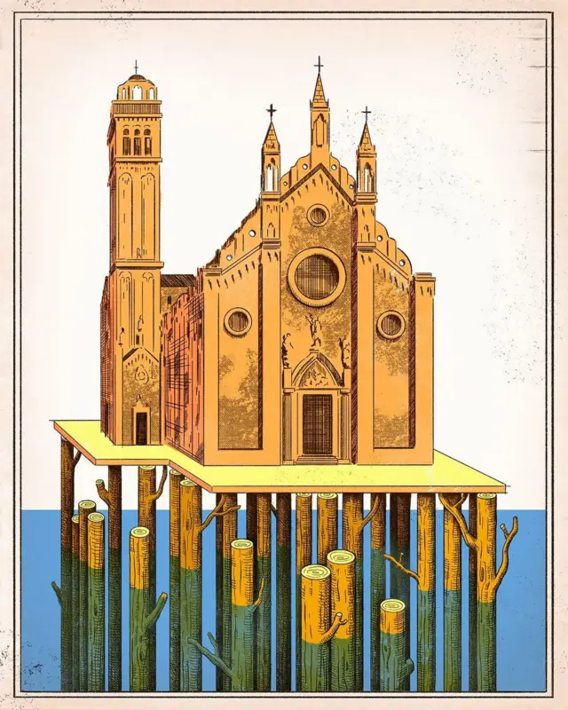 Ilustración de troncos debajo de una iglesia en Venecia.